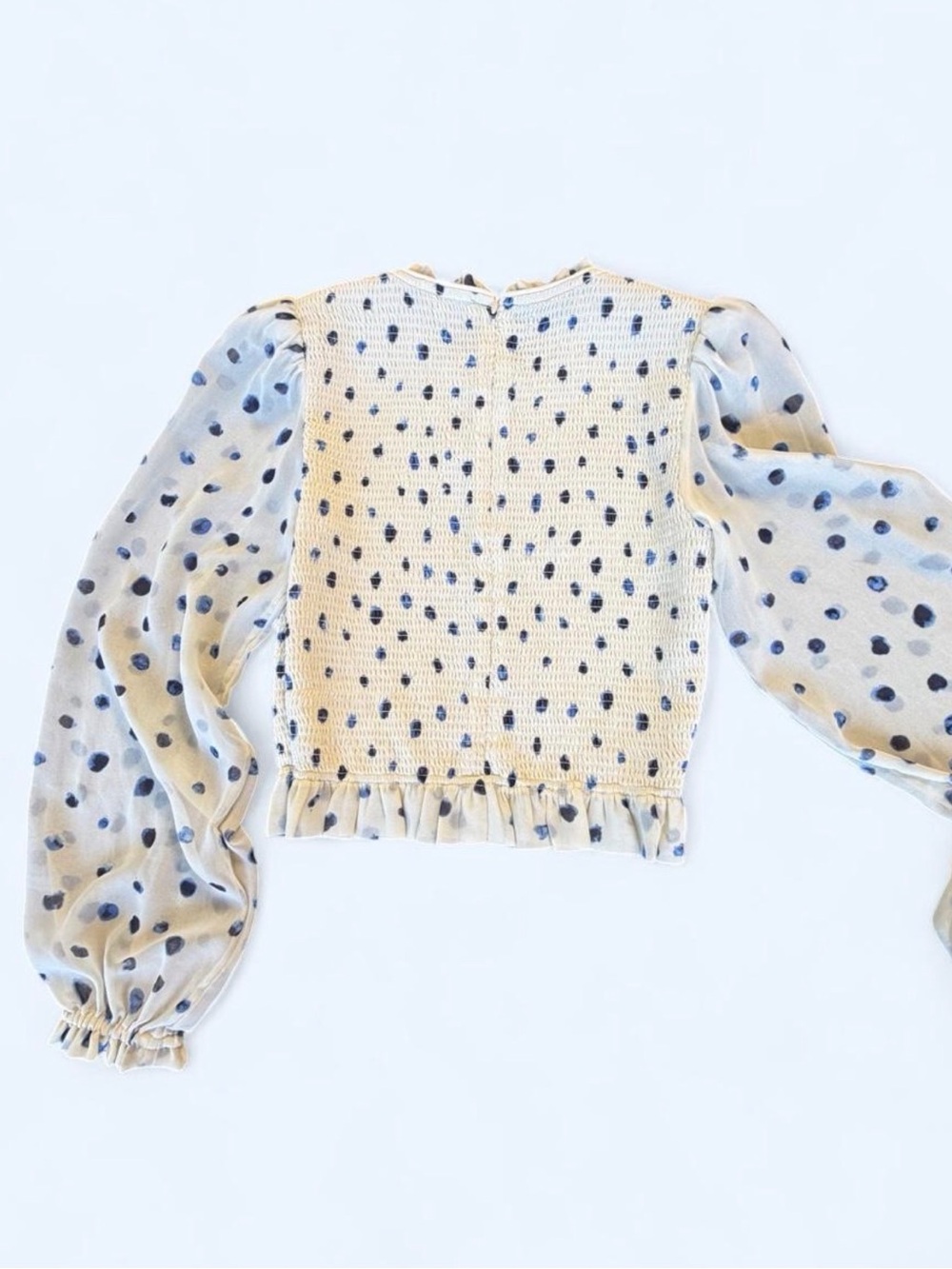 Wilfred Cream Smocked Top with Blue Dot 🔵 Sheer Sleeves